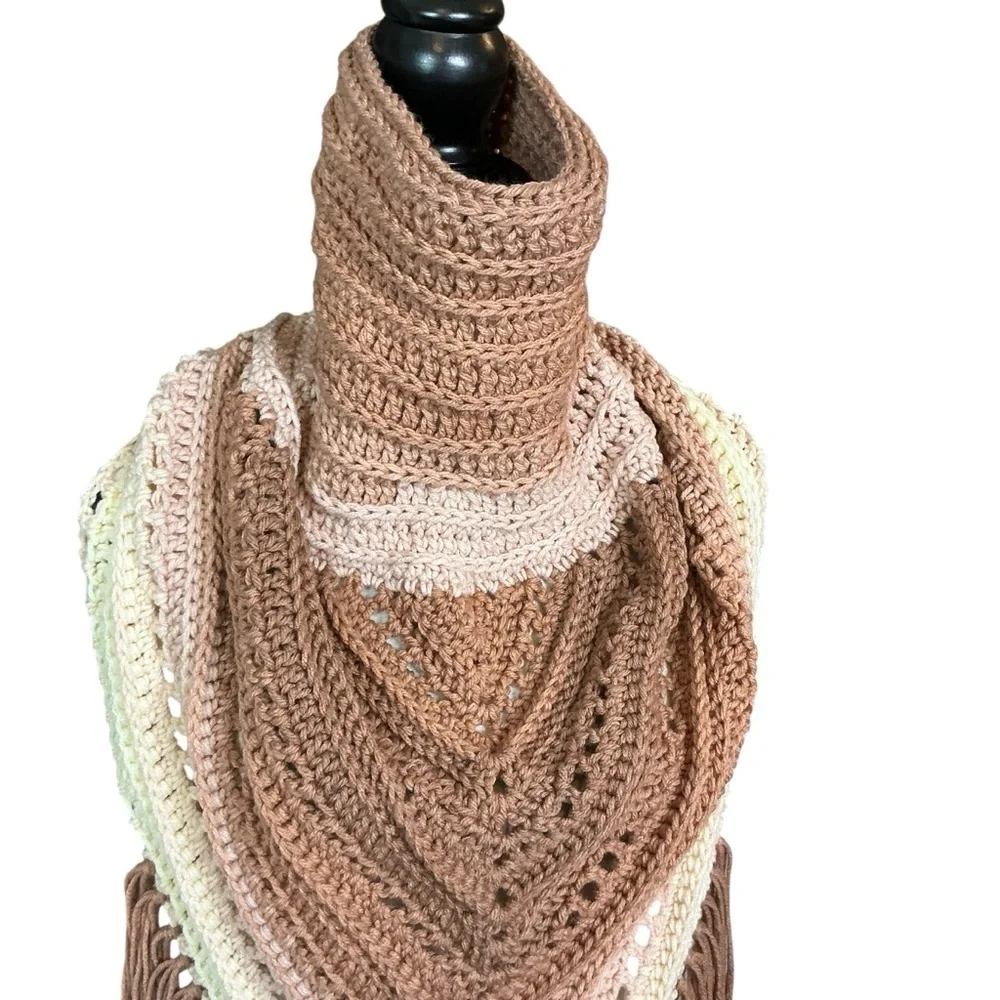 Hand Crafted‎ Crochet Turtle Neck Scarf in Beige and Cream with Fringe